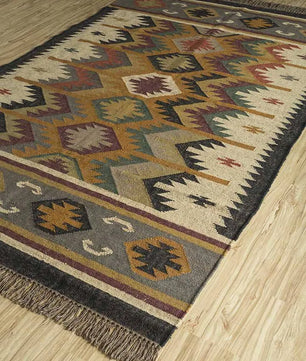 Earth Tone Tribal Medallion Area Rug – Handmade Wool Jute Flatweave Kilim with Ochre, Sage & Terracotta Geometric Pattern