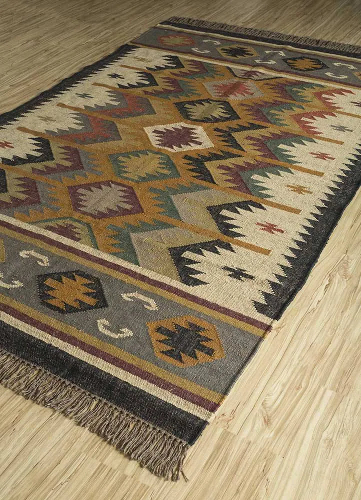 Earth Tone Tribal Medallion Area Rug – Handmade Wool Jute Flatweave Kilim with Ochre, Sage & Terracotta Geometric Pattern