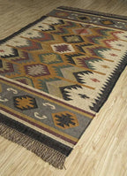 Earth Tone Tribal Medallion Area Rug – Handmade Wool Jute Flatweave Kilim with Ochre, Sage & Terracotta Geometric Pattern
