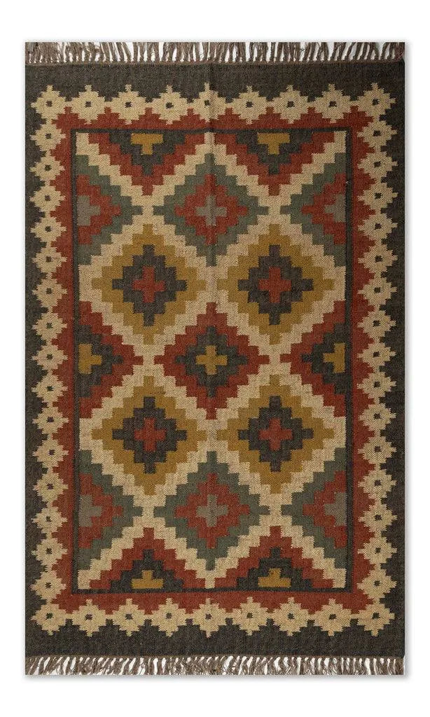 Heritage Diamond Wool Jute Kilim Area Rug – Handwoven Charcoal Terracotta Geometric Reversible Flatweave Dhurrie