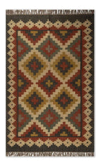 Heritage Diamond Wool Jute Kilim Area Rug – Handwoven Charcoal Terracotta Geometric Reversible Flatweave Dhurrie