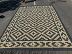 Handwoven Black Beige Aztec Kilim Rug | Handmade Wool Jute Tribal Flatweave Area Rug for Living Room, Bedroom & Farmhouse Decor