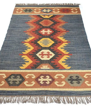 Handwoven Wool Jute Kilim Area Rug – Indigo Blue Southwestern Tribal Geometric Flatweave Rug with Fringe