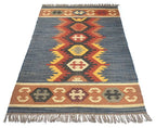 Handwoven Wool Jute Kilim Area Rug – Indigo Blue Southwestern Tribal Geometric Flatweave Rug with Fringe