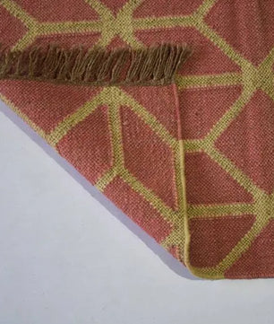 Handwoven Wool Jute Area Rug – Terracotta 3D Geometric Cube Kilim Rug, Reversible Flatweave with Fringe