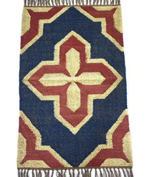 Handwoven Wool Jute Kilim Area Rug – Navy Blue & Rust Southwestern Geometric Flatweave Rug with Fringe for Living Room