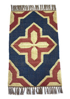 Handwoven Wool Jute Kilim Area Rug – Navy Blue & Rust Southwestern Geometric Flatweave Rug with Fringe for Living Room