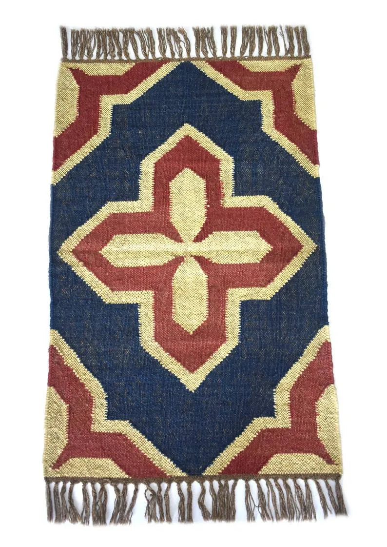Handwoven Wool Jute Kilim Area Rug – Navy Blue & Rust Southwestern Geometric Flatweave Rug with Fringe for Living Room
