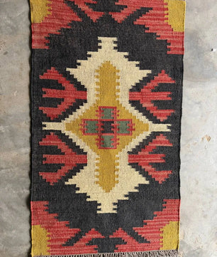 Handwoven Black Southwestern Wool Jute Kilim Rug, Navajo Tribal Flatweave Area Rug, Boho Rustic Handmade Dhurrie Carpet with Fringe