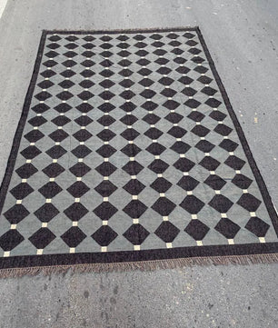 Handmade Charcoal Gray Wool Jute Kilim Area Rug with Geometric Diamond Pattern | Modern Flatweave Rug for Living Room & Bedroom