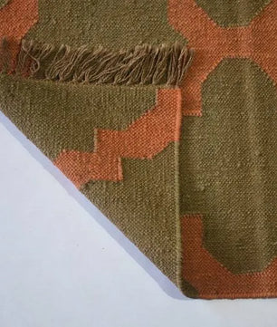 Handmade Wool Jute Area Rug – Olive Green & Rust Geometric Kilim Flatweave Rug with Fringe, Rustic Boho Home Decor