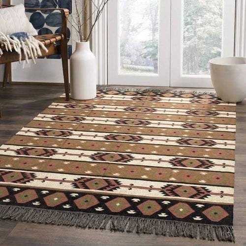 Handwoven Southwestern Navajo Kilim Rug | Handmade Wool Jute Tribal Area Rug, Boho Flatweave Dhurrie for Living Room Bedroom