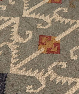 Handmade Wool Jute Southwestern Kilim Area Rug with Neutral Tribal Geometric Pattern | Flatweave Boho Farmhouse Living Room Rug