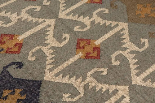 Handmade Wool Jute Southwestern Kilim Area Rug with Neutral Tribal Geometric Pattern | Flatweave Boho Farmhouse Living Room Rug