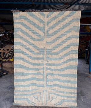 Handwoven Blue Tiger Wool Jute Kilim Rug | Abstract Tibetan Tiger Flatweave Area Rug for Modern, Scandinavian & Boho Homes