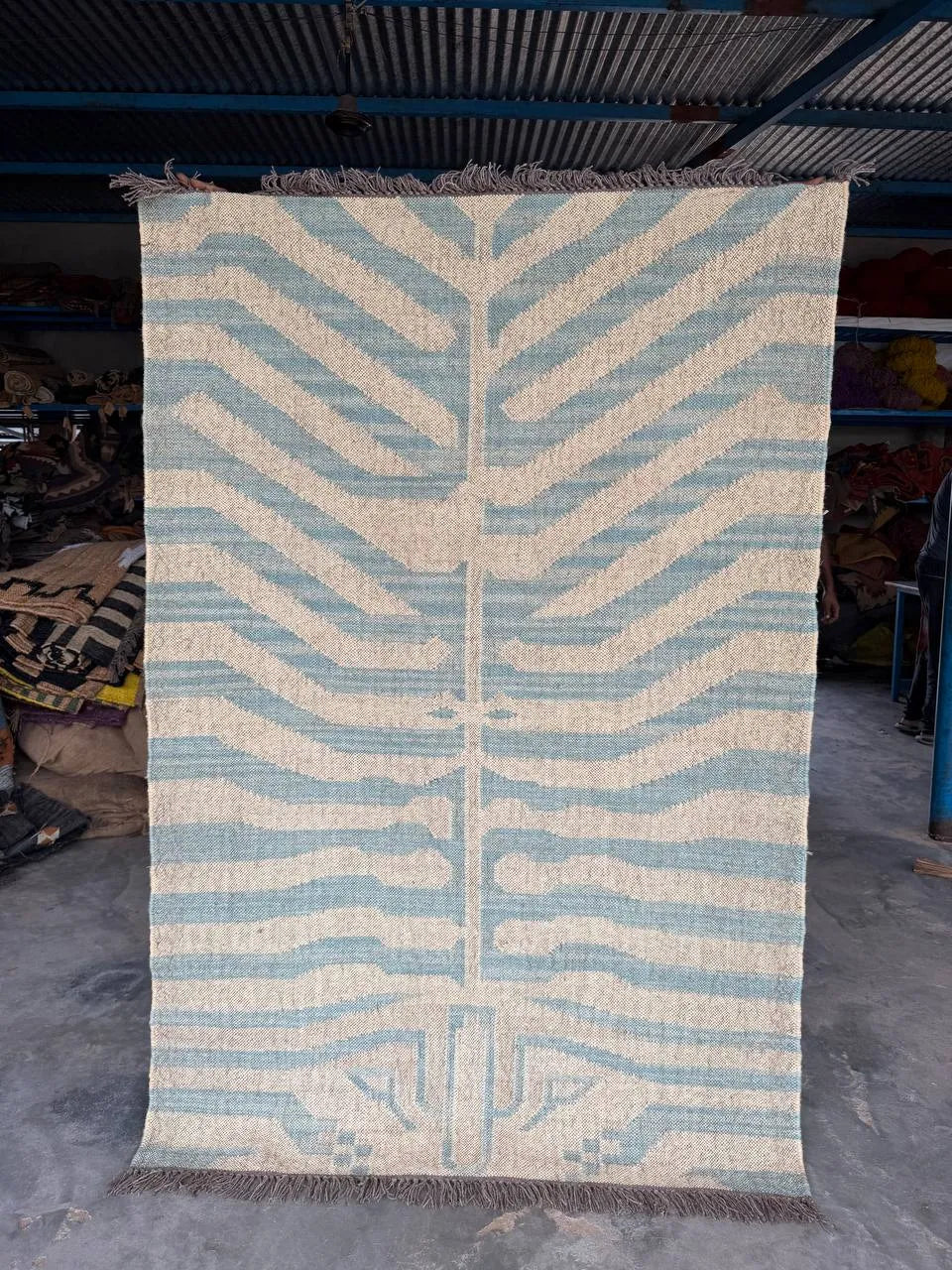 Handwoven Blue Tiger Wool Jute Kilim Rug | Abstract Tibetan Tiger Flatweave Area Rug for Modern, Scandinavian & Boho Homes