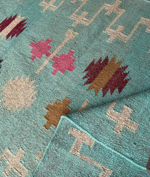 Handwoven Wool Jute Kilim Rug, Teal Tribal Area Rug, Handmade Flatweave Dhurrie Carpet, Boho Geometric Living Room Rug with Fringe