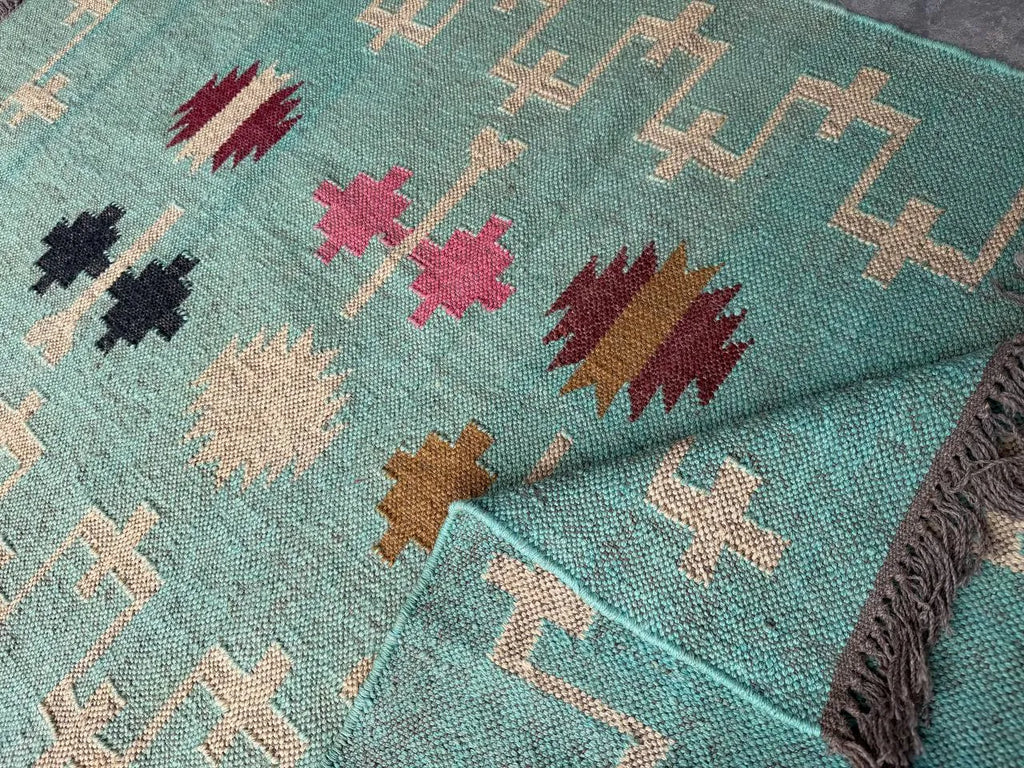 Handwoven Wool Jute Kilim Rug, Teal Tribal Area Rug, Handmade Flatweave Dhurrie Carpet, Boho Geometric Living Room Rug with Fringe
