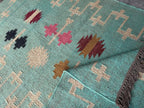 Handwoven Wool Jute Kilim Rug, Teal Tribal Area Rug, Handmade Flatweave Dhurrie Carpet, Boho Geometric Living Room Rug with Fringe