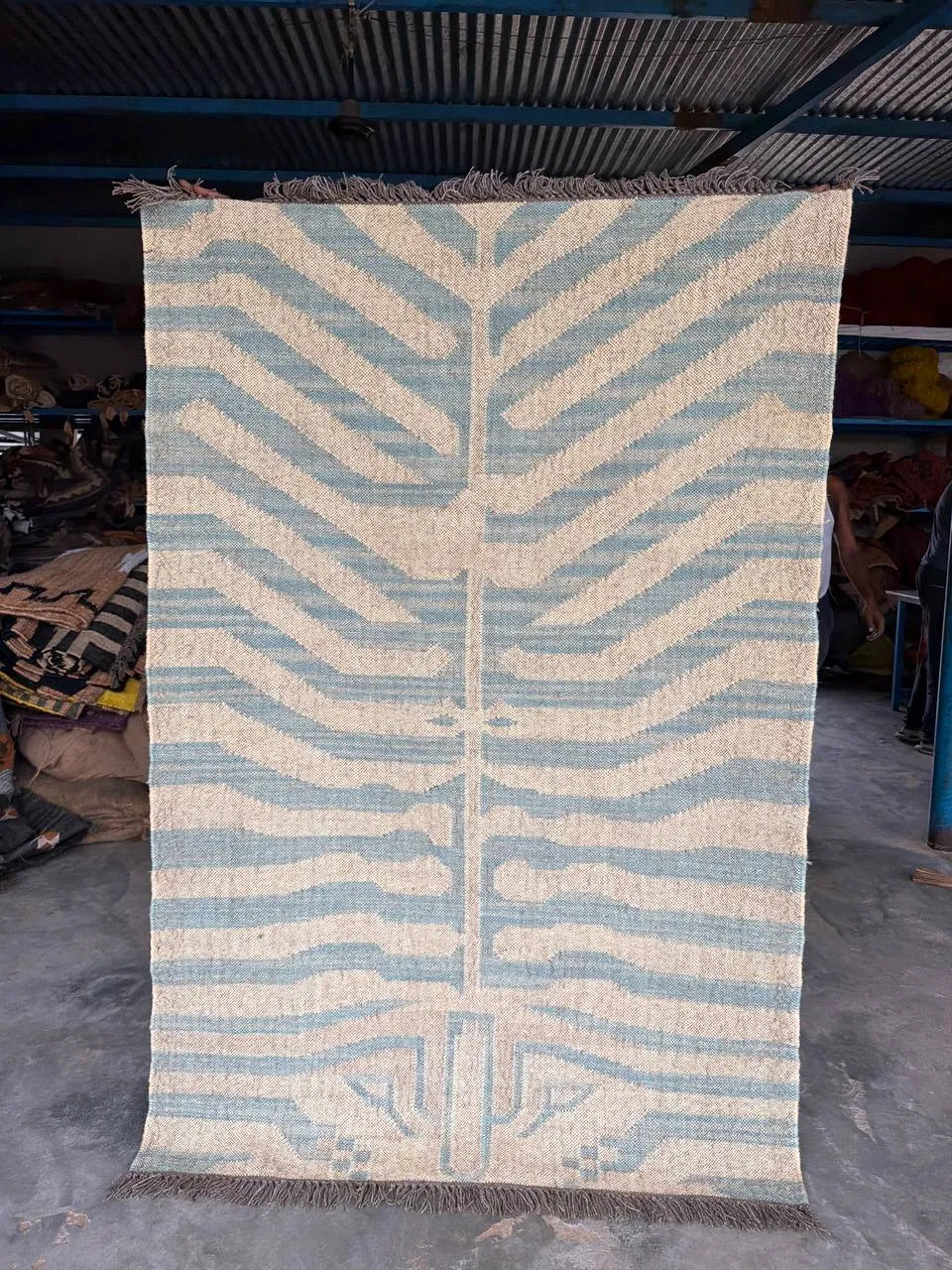 Handwoven Blue Tiger Wool Jute Kilim Rug | Abstract Tibetan Tiger Flatweave Area Rug for Modern, Scandinavian & Boho Homes