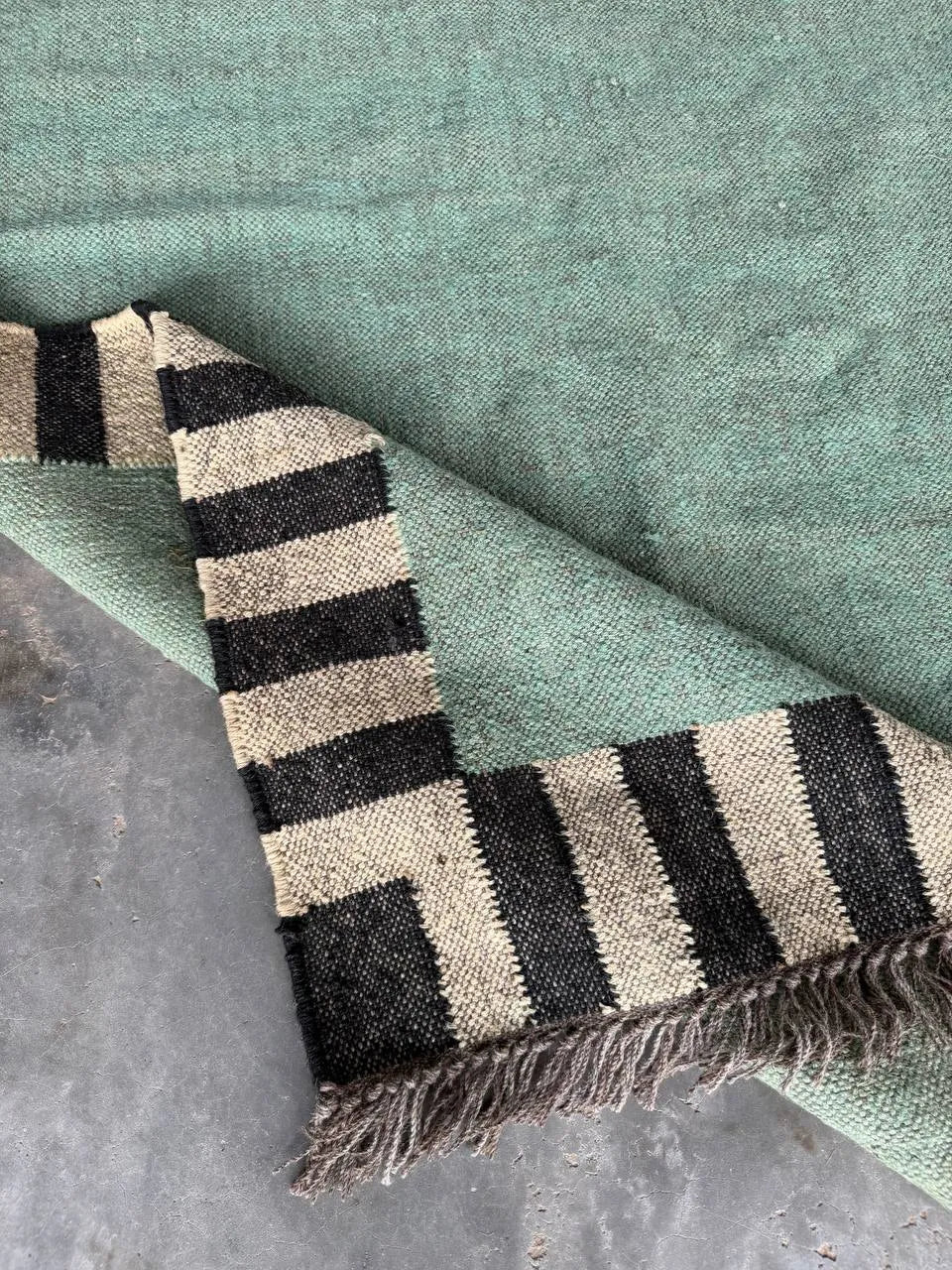 Handwoven Sage Green Cotton Jute Kilim Rug | Modern Minimalist Flatweave Area Rug with Striped Border for Living Room Bedroom