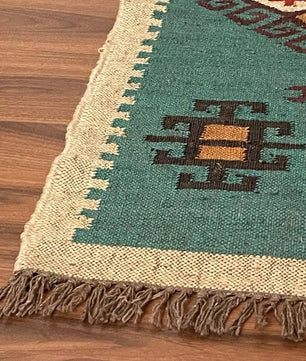 Handwoven Teal Wool Jute Kilim Runner Rug – Geometric Tribal Reversible Flatweave Dhurrie for Hallway & Entryway