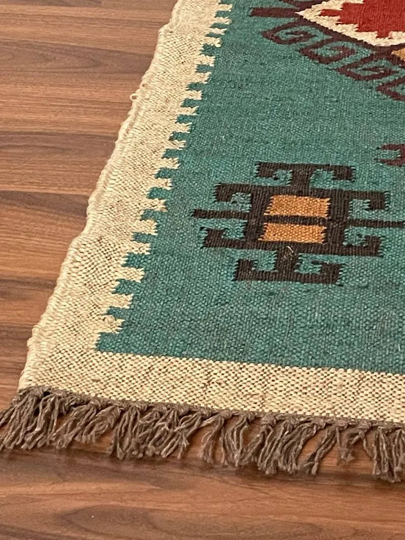 Handwoven Teal Wool Jute Kilim Runner Rug – Geometric Tribal Reversible Flatweave Dhurrie for Hallway & Entryway