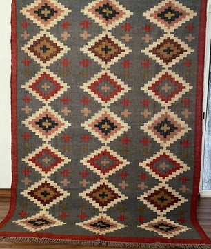 Handwoven Charcoal Wool Jute Kilim Area Rug – Geometric Diamond Reversible Flatweave Dhurrie for Living Room, Dining Room & Bedroom