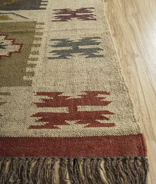 Handwoven Wool Jute Kilim Area Rug – Multicolor Southwestern Geometric Tribal Flatweave Rug with Fringe
