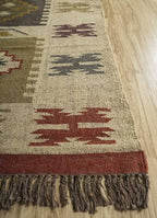 Handwoven Wool Jute Kilim Area Rug – Multicolor Southwestern Geometric Tribal Flatweave Rug with Fringe