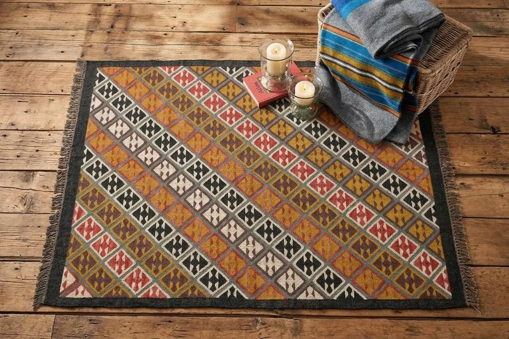 Handmade Multicolor Wool Jute Kilim Area Rug with Tassels | Tribal Diamond Geometric Flatweave Rug for Living Room & Bedroom