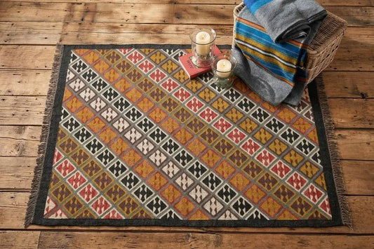 Handmade Multicolor Wool Jute Kilim Area Rug with Tassels | Tribal Diamond Geometric Flatweave Rug for Living Room & Bedroom