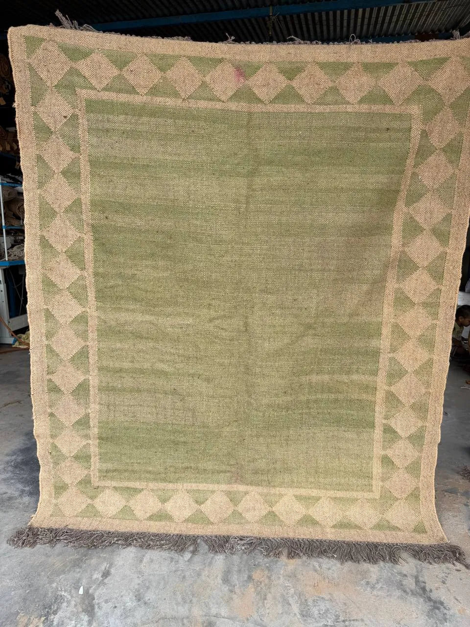 Handwoven Sage Green Wool Jute Kilim Rug, Minimalist Diamond Border Flatweave Area Rug, Handmade Boho Dhurrie Carpet with Fringe