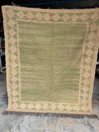 Handwoven Sage Green Wool Jute Kilim Rug, Minimalist Diamond Border Flatweave Area Rug, Handmade Boho Dhurrie Carpet with Fringe