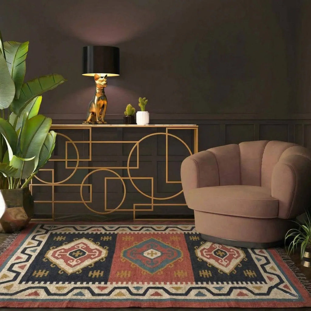Handmade Tribal Wool Jute Kilim Area Rug with Tassels | Geometric Flatweave Boho Rug for Living Room, Bedroom & Hallway