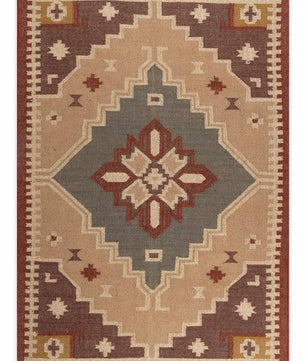 Handmade Southwestern Wool Jute Kilim Area Rug with Tassels | Tribal Geometric Flatweave Boho Rug for Living Room Bedroom