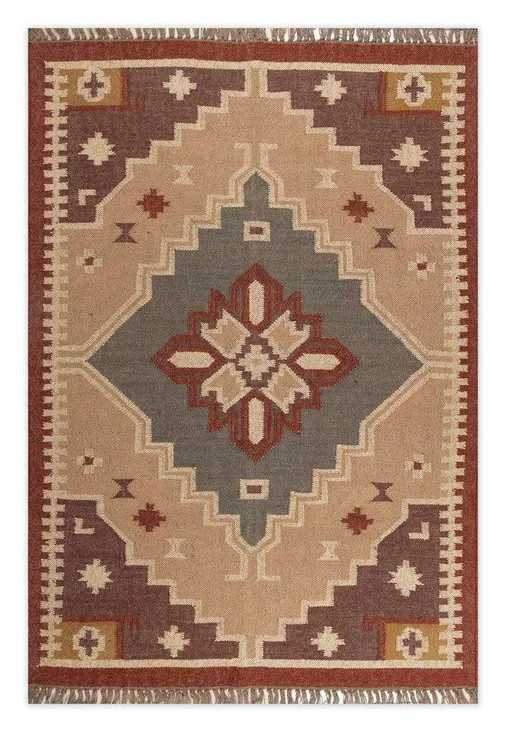 Handmade Southwestern Wool Jute Kilim Area Rug with Tassels | Tribal Geometric Flatweave Boho Rug for Living Room Bedroom