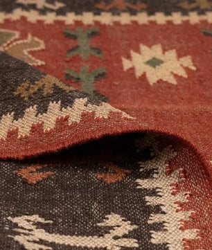 Handmade Southwestern Wool Jute Kilim Area Rug with Tassels | Rust Brown Tribal Flatweave Boho Rug for Living Room & Bedroom