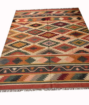 Handmade Wool Jute Kilim Rug – Multicolor Geometric Indian Dhurrie Area Rug