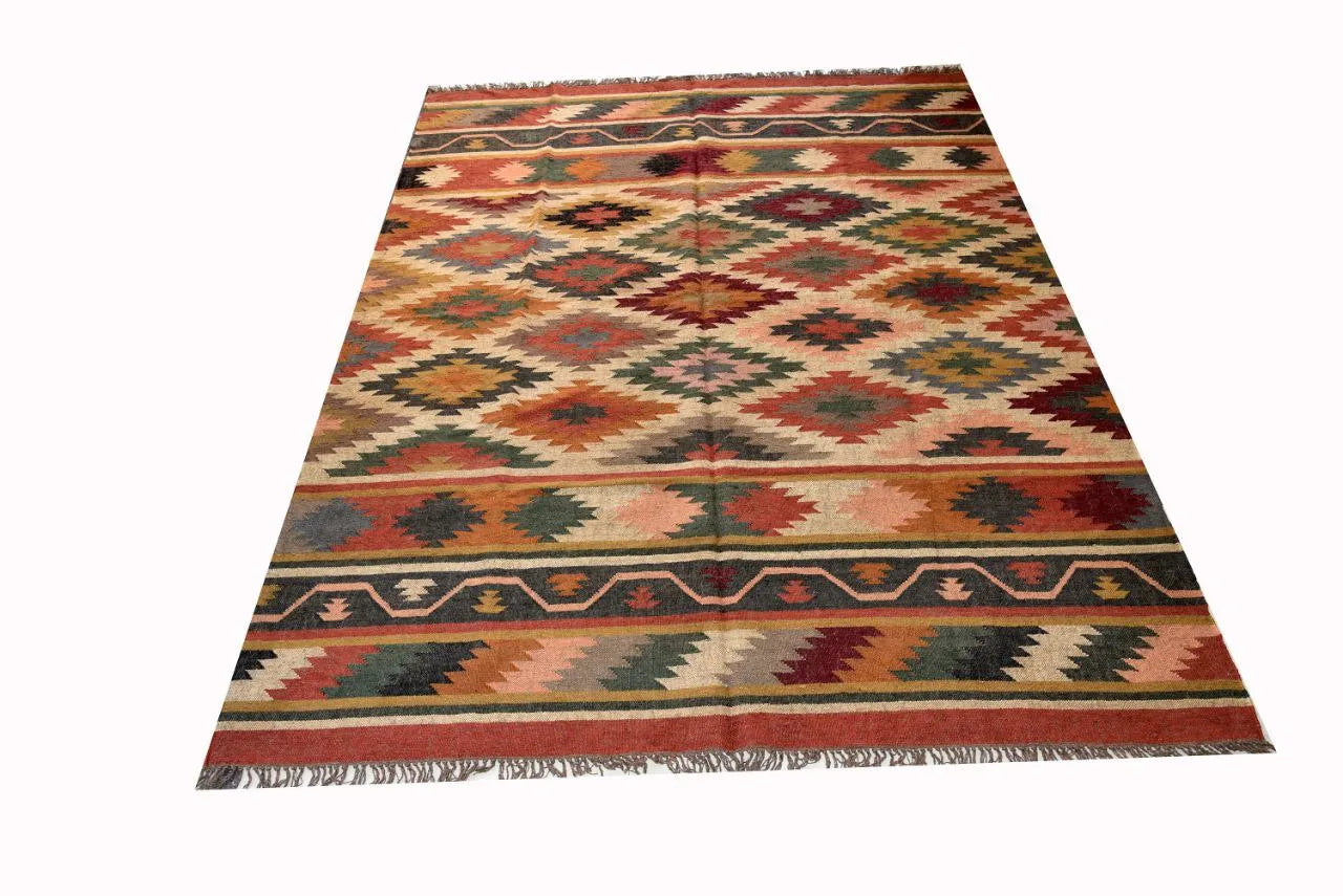 Handmade Multicolor Wool Jute Kilim Rug – Geometric Flatweave Area Rug