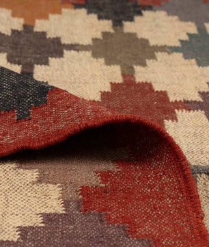 Handwoven Multicolor Wool Jute Kilim Area Rug – Tribal Geometric Flatweave Dhurrie Rug, Boho Southwestern Reversible Living Room Carpet