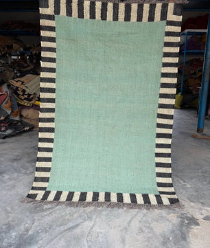 Handwoven Sage Green Cotton Jute Kilim Rug | Modern Minimalist Flatweave Area Rug with Striped Border for Living Room Bedroom
