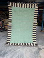 Handwoven Sage Green Cotton Jute Kilim Rug | Modern Minimalist Flatweave Area Rug with Striped Border for Living Room Bedroom