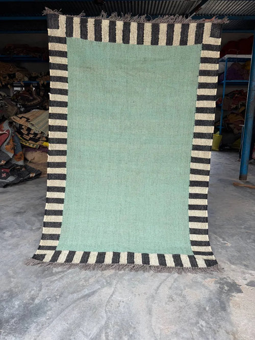 Handwoven Sage Green Cotton Jute Kilim Rug | Modern Minimalist Flatweave Area Rug with Striped Border for Living Room Bedroom