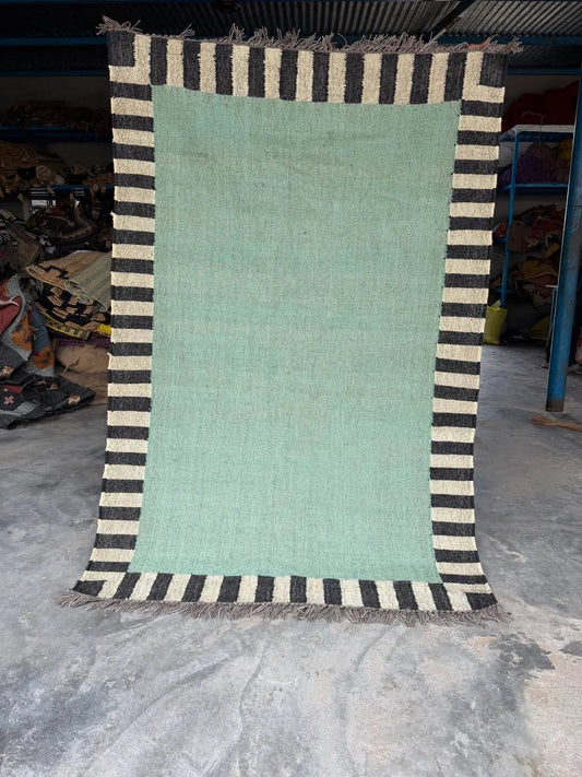 Handwoven Sage Green Cotton Jute Kilim Rug | Modern Minimalist Flatweave Area Rug with Striped Border for Living Room Bedroom