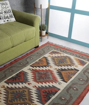 Handwoven Wool Jute Kilim Area Rug – Southwestern Tribal Diamond Flatweave Rug, Terracotta Sage & Cream