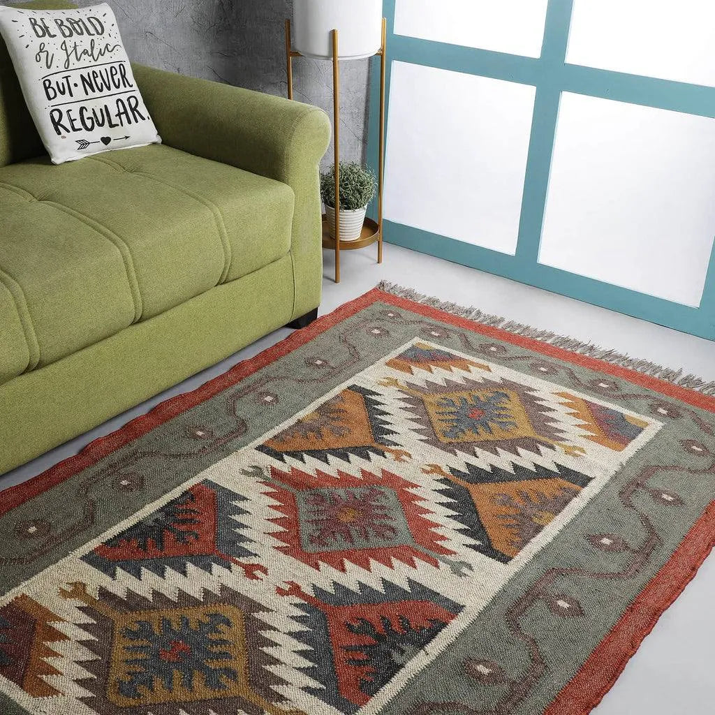 Handwoven Wool Jute Kilim Area Rug – Southwestern Tribal Diamond Flatweave Rug, Terracotta Sage & Cream