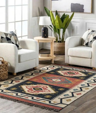 Handmade Tribal Wool Jute Kilim Area Rug with Tassels | Geometric Flatweave Boho Rug for Living Room, Bedroom & Hallway