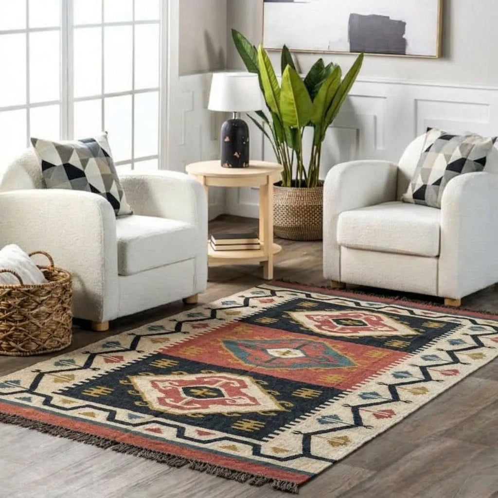 Handmade Tribal Wool Jute Kilim Area Rug with Tassels | Geometric Flatweave Boho Rug for Living Room, Bedroom & Hallway