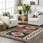 Handmade Tribal Wool Jute Kilim Area Rug with Tassels | Geometric Flatweave Boho Rug for Living Room, Bedroom & Hallway